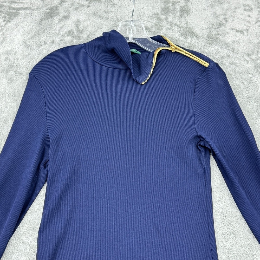 Ralph Lauren LRL Sweater Womens Large Ribbed Knit Zip Mock Bodycon Navy Nautical - Picture 3 of 8